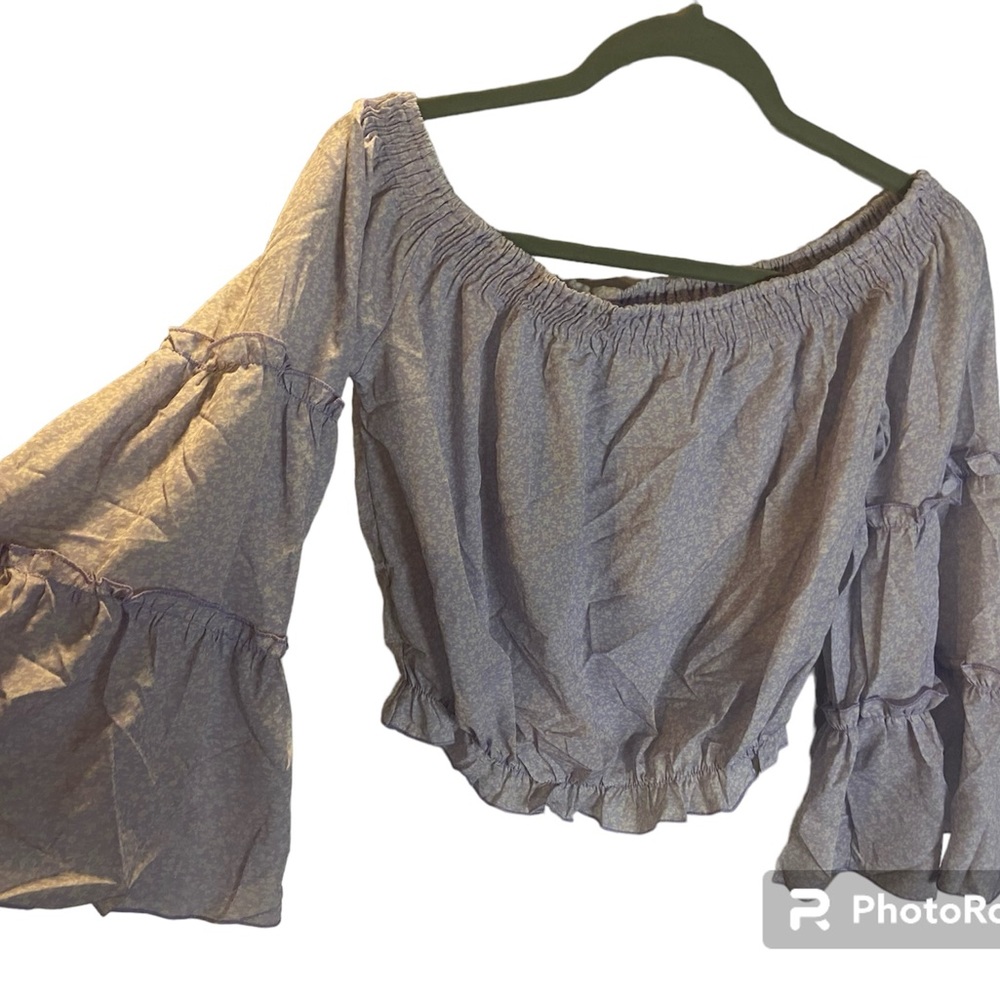 Women Purple Flower off the shoulder bell sleeve top_Large - Picture 2 of 12